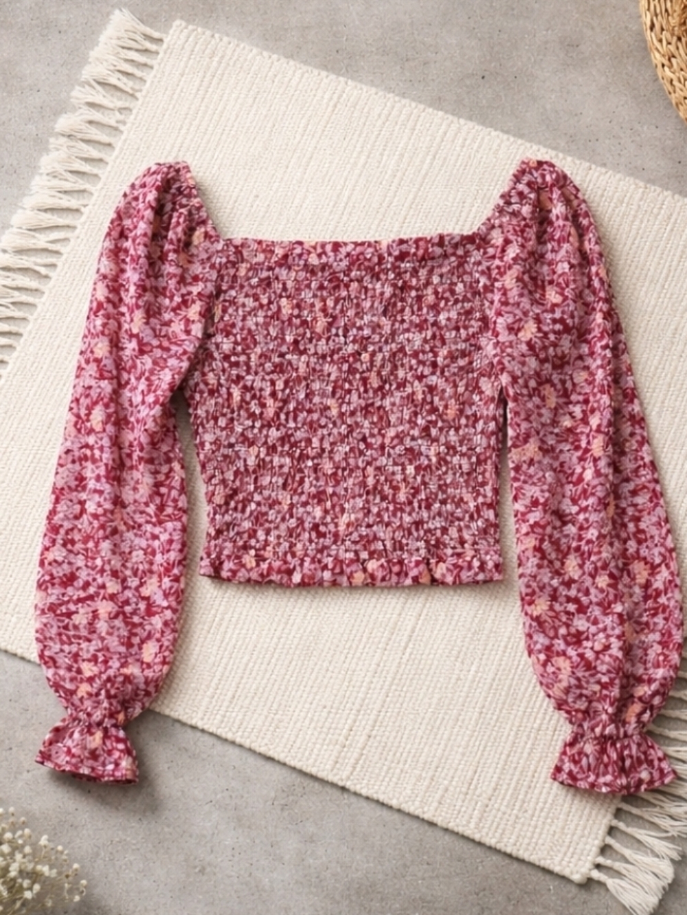 Bohemian Burgundy Floral Smocked Long Sleeve Sheer Puff Sleeve Crop Top Small